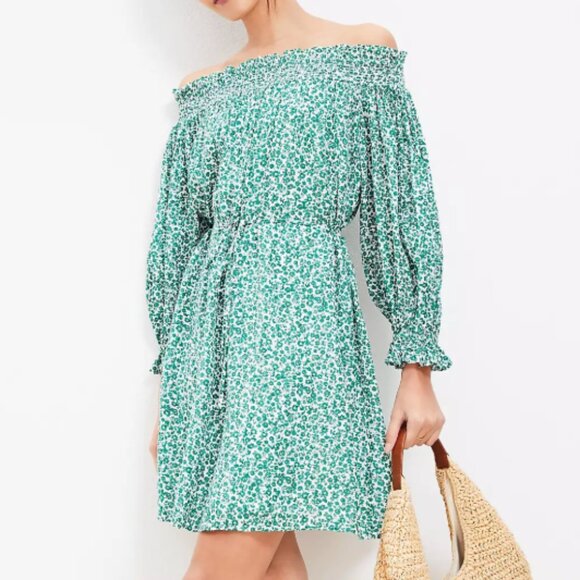 LOFT Brand Petite Floral Smocked Off the Shoulder Mini Dress, S Petite NWT - Picture 1 of 3